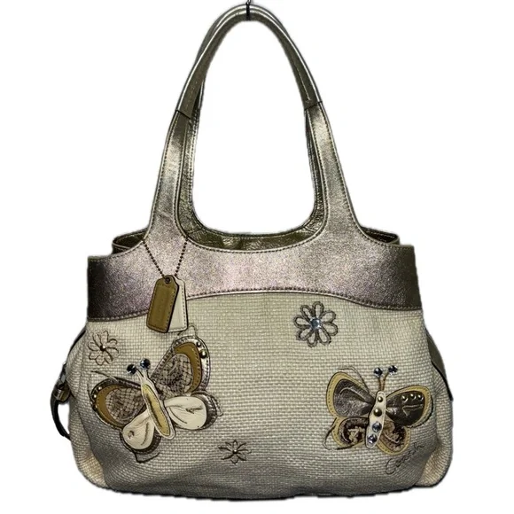 Coach Ivory Straw Embossed Embroidery Butterfly Gold Leather Trim Shoulder Bag - Picture 1 of 17